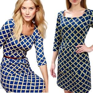 J Mclaughlin Catalina Cloth Mini Dress Bamboo Lattice Pattern Blue Gold Medium